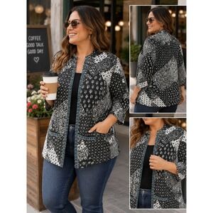 424. Artisan Inspired Boho Patchwork Quilted Jacket Teal Trim Cotton Large
